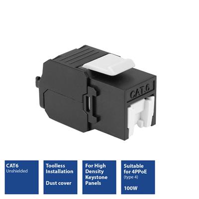 Keystone jack unshielded RJ-45 Tool Free, CAT6 Zwart, Dustcover